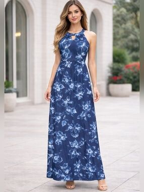 𝅺Aphratti Hues of Blue Floral Print Maxi Dress
